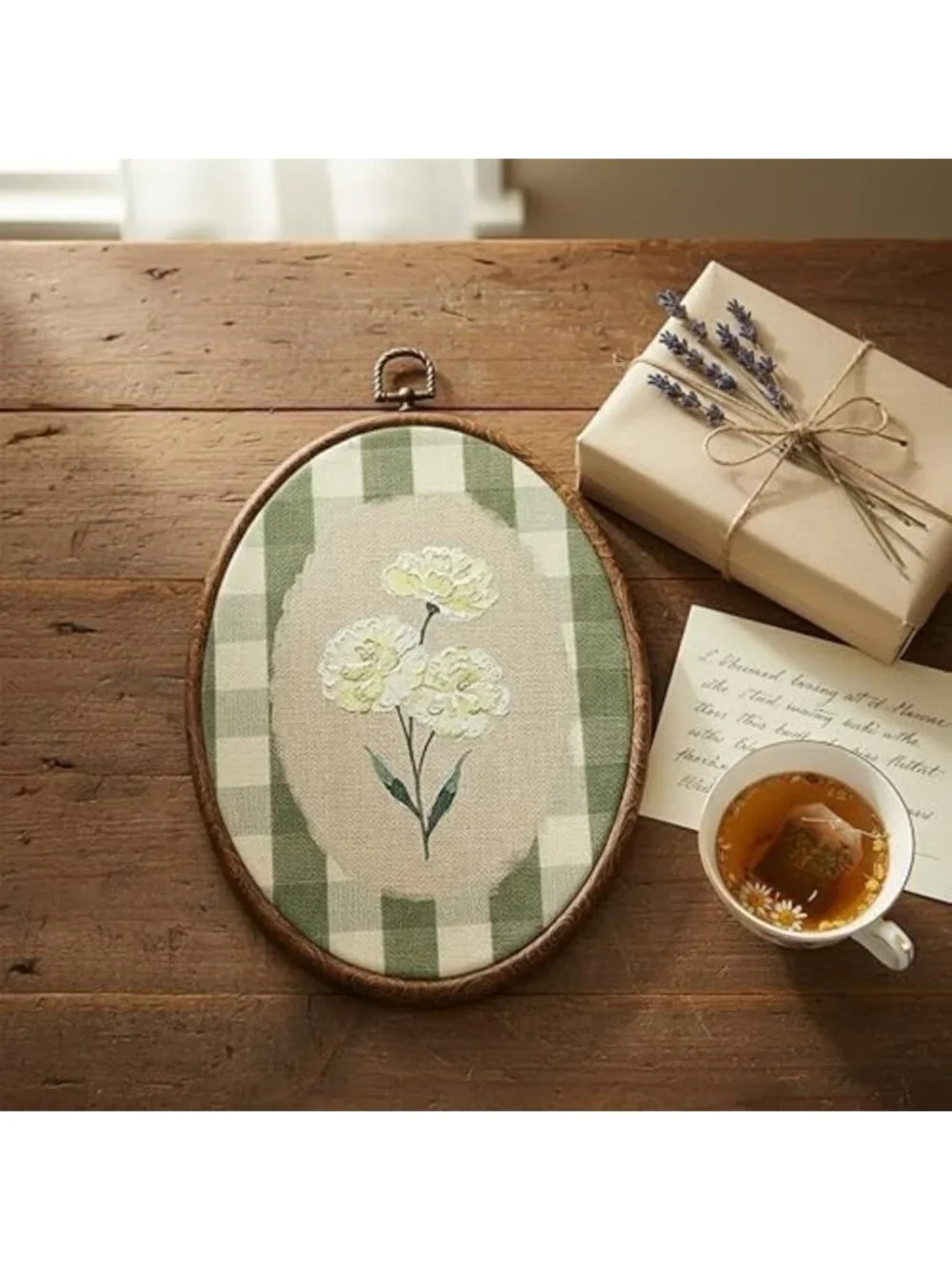 Botanical Flower Oval Wall Art - Green Gingham Cottage Decor for Farmhouse